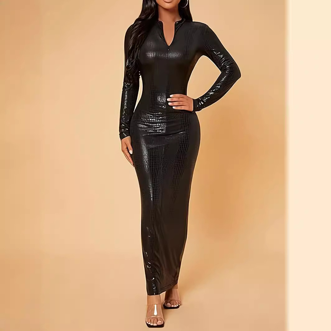 Elastic Tight Front Open Package Hip With A Zipper Long Sleeve Dress Women