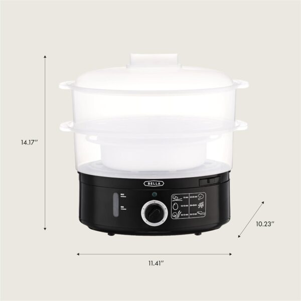 BELLA Two Tier Food Steamer with Dishwasher Safe Lids and Stackable Baskets & Removable Base for Fast Simultaneous Cooking - Auto Shutoff & Boil Dry Protection, Stainless Steel, 7.4 QT, Black - Image 2