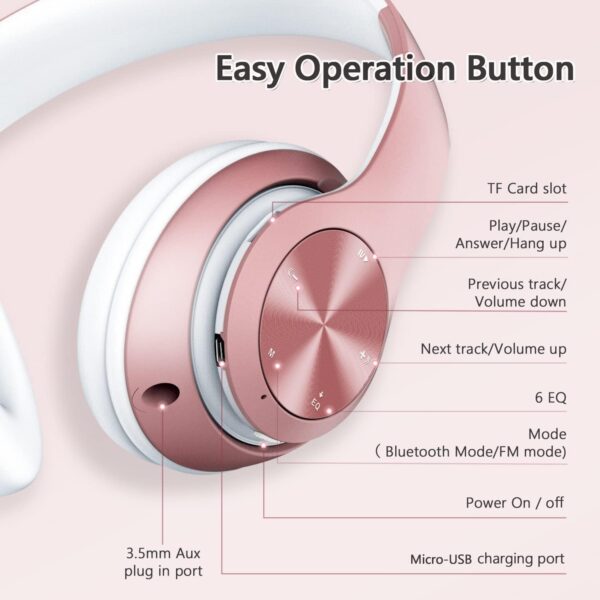 Bluetooth Headphones Over Ear, 60 Hours Playtime Foldable Headphones Wireless Bluetooth Hi-Fi Stereo Deep Bass with 6 EQ Modes, Adjustable Lightweight Headset with Microphone, FM, SD/TF for Adults - Image 6
