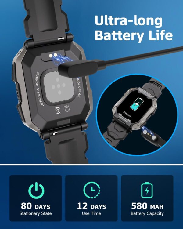 Military Smart Watches for Men, 2.01\'\' HD Display with Bluetooth Calls 100+ Sport Modes, IP68 Waterproof for Swimming Fitness Smart Watch for Android and iPhone Smartwatch, Black - Image 6