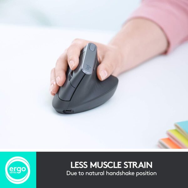 Logitech MX Vertical Wireless Mouse – Ergonomic Design Reduces Muscle Strain, Move Content Between 3 Windows and Apple Computers, Rechargeable, Graphite - Image 2