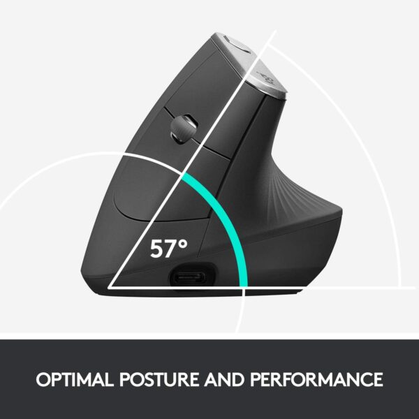 Logitech MX Vertical Wireless Mouse – Ergonomic Design Reduces Muscle Strain, Move Content Between 3 Windows and Apple Computers, Rechargeable, Graphite - Image 3