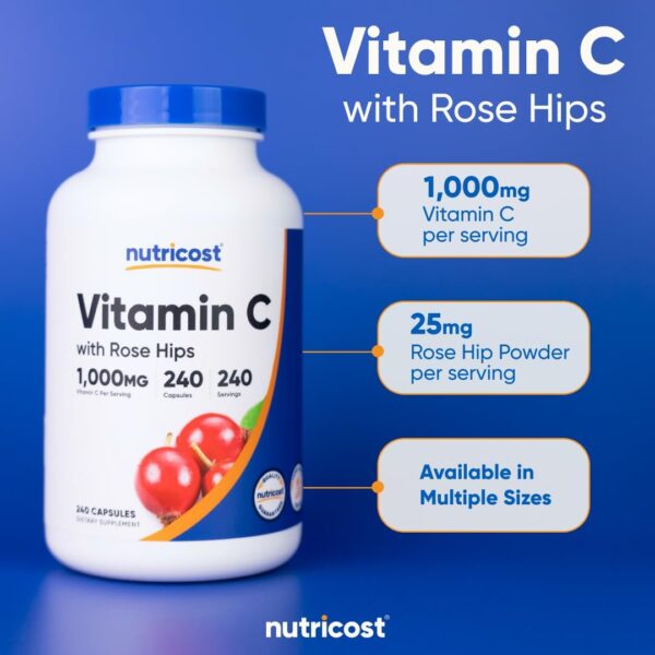 Nutricost Vitamin C with Rose HIPS 1025mg, 240 Capsules - Vitamin C 1,000mg, Rose HIPS 25mg, Premium, Non-GMO, Gluten Free Supplement - Image 5