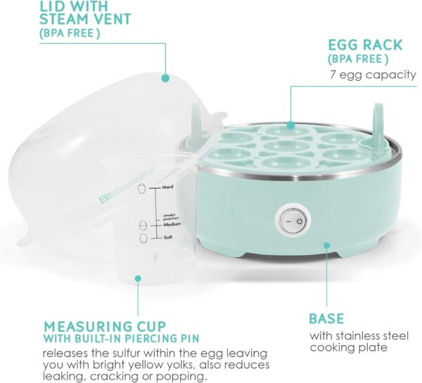 Elite Gourmet EGC115M Easy Egg Cooker Electric 7-Egg Capacity, Soft, Medium, Hard-Boiled Egg Cooker with Auto Shut-Off, Measuring Cup Included, BPA Free, Retro Mint - Image 4
