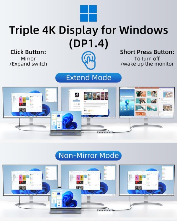 USB C Hub USB C Docking Station Dual Monitor 13 in 1 Triple Display Multiport Adapter with 2 HDMI+DP+8 USB C/A Ports+Ethernet+Audio, USB C Dongle for MacBook/Dell/HP/Lenovo ThinkPad/Surface - Image 3