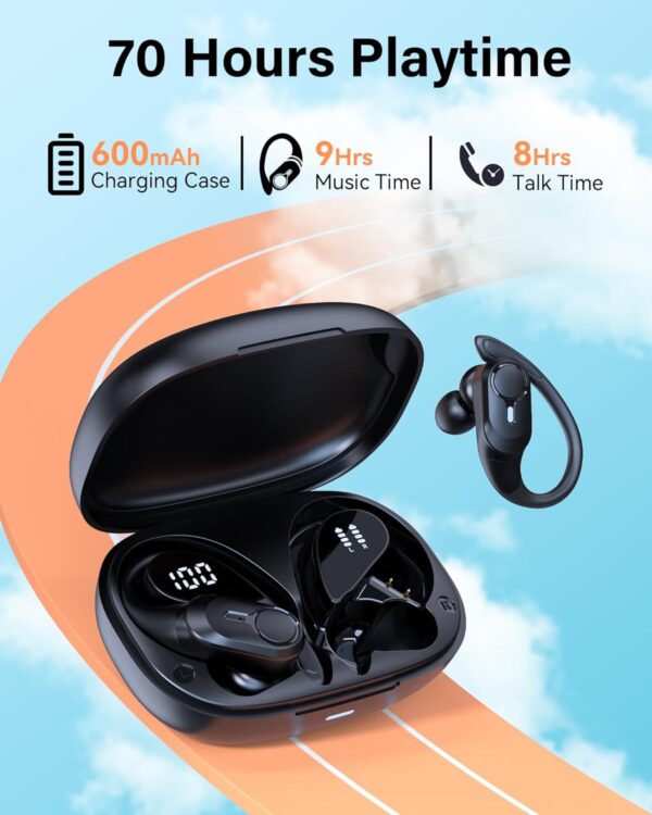 Wireless Earbuds Bluetooth Headphones Ear Buds 70H Playback Digital Display Wireless Charging Case Deep Bass Earphones Over Ear Sport Waterproof Bluetooth Headset for Workout Running Black - Image 2