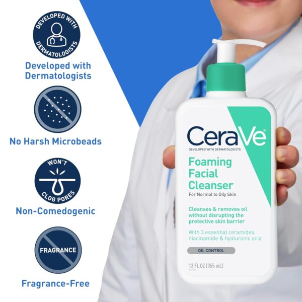 CeraVe Foaming Facial Cleanser, Daily Face Wash for Oily Skin, Hyaluronic Acid + Ceramides + Niacinamide, Fragrance Free & Paraben Free, Non-Drying Oil Control Face Wash, 19 Fluid Ounce - Image 4