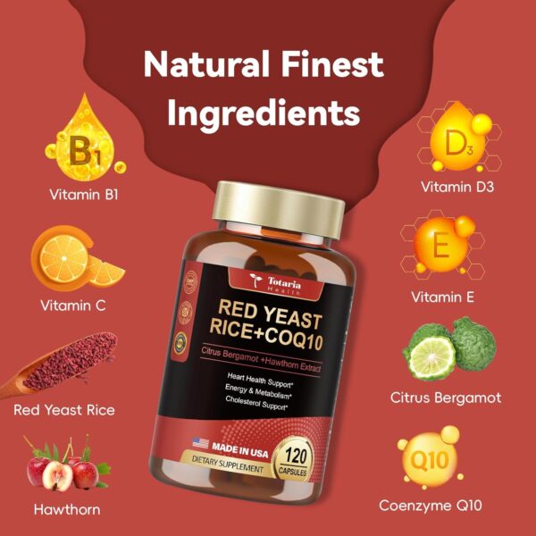 Red Yeast Rice 2,000mg with CoQ10 Supplement - Max Strength Extract Red Yeast Rice Capsules with CoQ10 100 Plus Citrus Bergamot - Cholesterol & Energy Supplement 3rd-Party Tested Vegan Non-GMO - Image 2