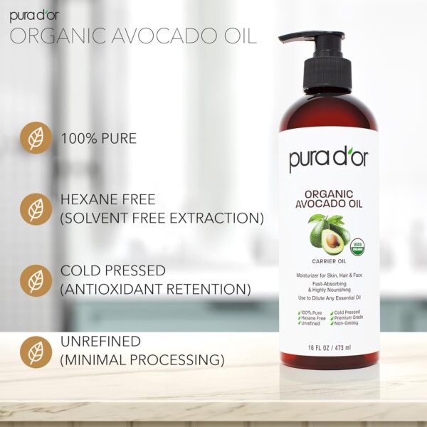 PURA D\'OR 16 Oz ORGANIC Avocado Oil - 100% Pure & Natural USDA Certified Cold Pressed Carrier Oil For DIY Beauty, Non-Greasy, Unscented, Hexane Free Liquid Moisturizer - Face Skin & Hair - Men & Women - Image 2