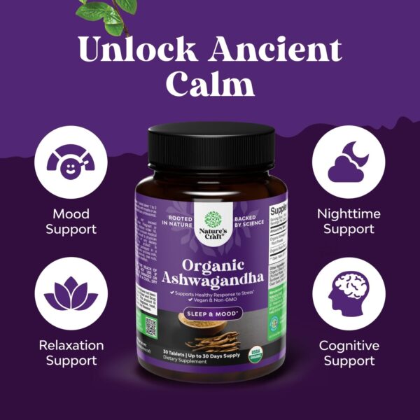Natures Craft High Strength Organic Ashwagandha Supplements - Calm Mood Support Ashwagandha with Black Pepper for Enhanced Absorption - Vegan and Non-GMO (30 Tablets) - Image 4