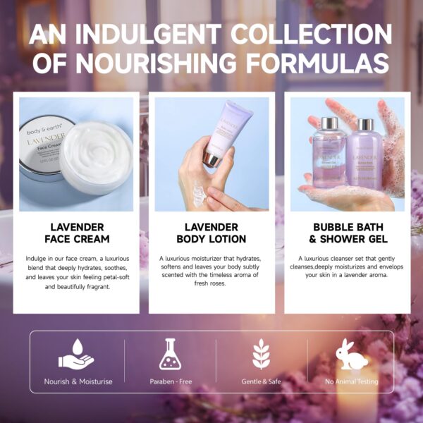 BODY & EARTH Bath and Body Gift Set - Luxurious 6 Pcs Bath Kit for Women, Relaxing Spa Set with Lavender Scent, Perfect Birthday Gift Set for Women Includes Bubble Bath, Shower Gel, Body Lotion - Image 3
