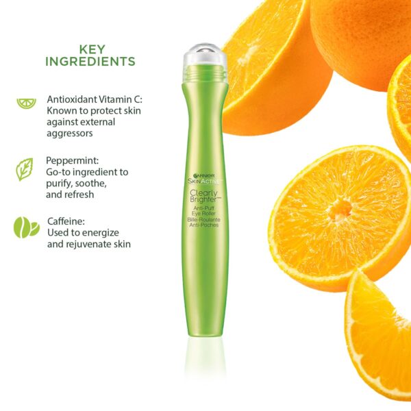 Garnier Clearly Brighter Anti-Puff Eye Roller, Dark Circles Under Eye Treatment with Caffeine and Vitamin C, 0.5 Fl Oz (15mL), 1 Count (Packaging May Vary) - Image 2