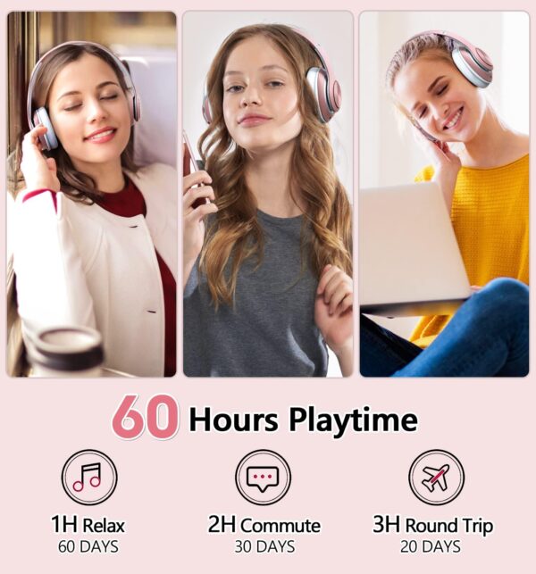 Bluetooth Headphones Over Ear, 60 Hours Playtime Foldable Headphones Wireless Bluetooth Hi-Fi Stereo Deep Bass with 6 EQ Modes, Adjustable Lightweight Headset with Microphone, FM, SD/TF for Adults - Image 2