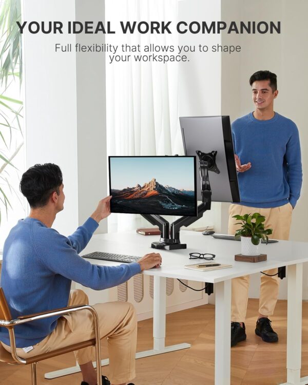HUANUO Dual Monitor Stand - Full Adjustable Monitor Desk Mount Swivel Vesa Bracket with C Clamp, Grommet Mounting Base for 13 to 32 Inch Computer Screens - Each Arm Holds 4.4 to 19.8lbs - Image 6