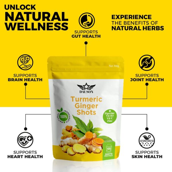 Turmeric Ginger Shots with Piperine, Vitamins, Zinc & Orange | High Bioavailability Supplement for Joint, Heart, Brain, Gut & Skin Health | Curcumin Immune Support | 100 Shots - Image 3