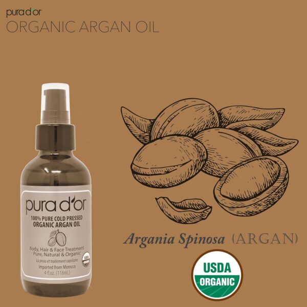 PURA D\'OR 4 Oz ORGANIC Moroccan Argan Oil - USDA Certified 100% Pure & Cold Pressed Virgin Premium Grade Natural Moisturizer Treatment For Dry, Damaged Skin, Hair, Face, Body & Scalp - Men & Women - Image 3