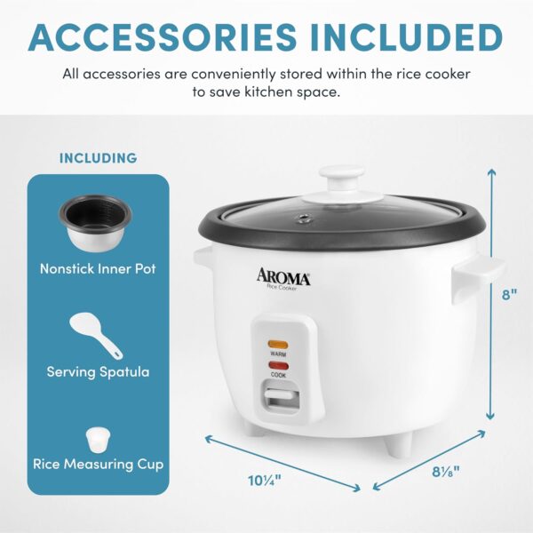 Aroma Housewares Aroma 6-cup (cooked) 1.5 Qt. One Touch Rice Cooker, White (ARC-363NG), 6 cup cooked/ 3 cup uncook/ 1.5 Qt. - Image 2