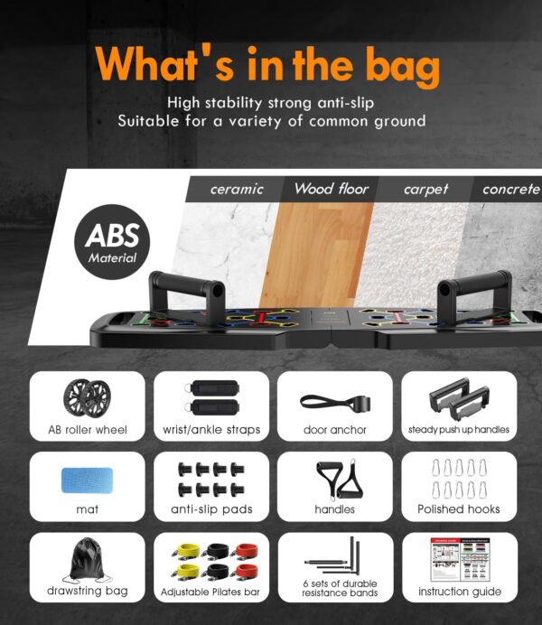 Push Up Board,Home Gym,Portable Exercise Equipment,Pilates Bar and 20 Fitness Accessories with Resistance Bands and Ab Roller Wheel,Full Body Workout at Home - Image 4