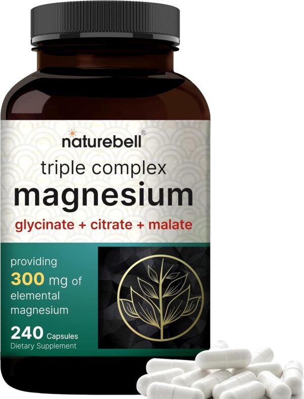 Triple Complex Magnesium Supplement, 240 Capsules | Magnesium Glycinate 500mg with Citrate & Malate | Chelated & Purified | Bone, Heart, & Muscle Support | Non-GMO