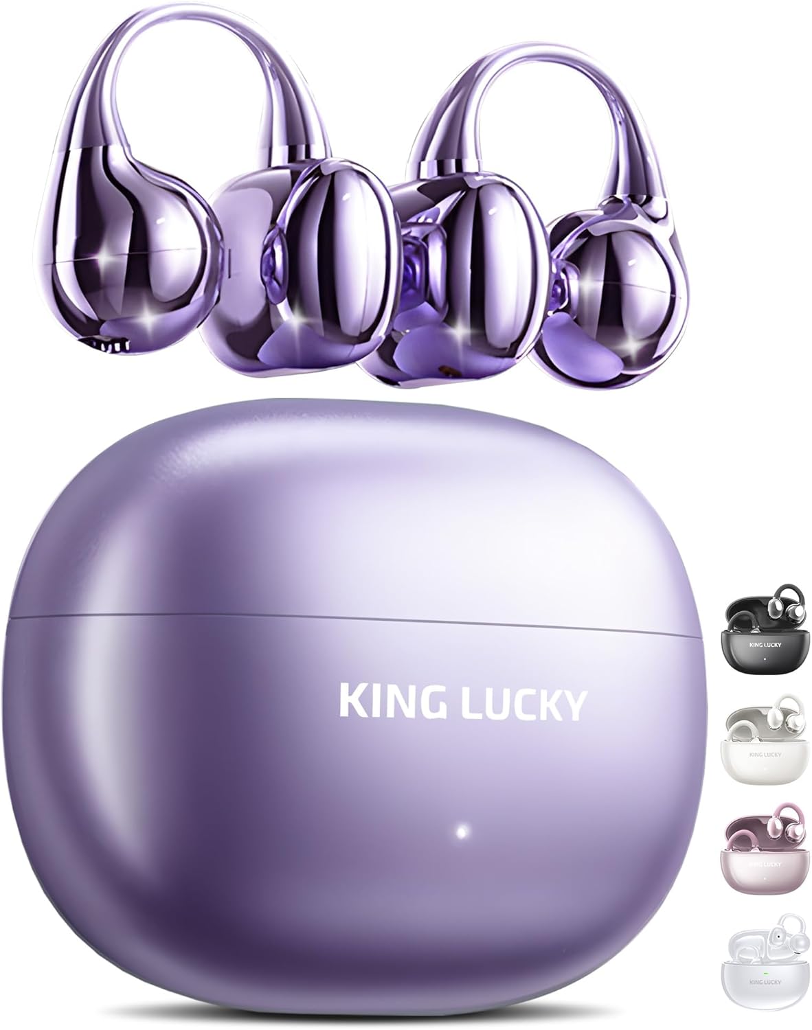 King Lucky Clip on Earbuds Open Ear Wireless Bluetooth 5.4 Headphones with Mic,50H Play,Noise Cancelling,Waterproof,Sports Ear Buds,Comfortable for Small Ears & Glasses Wearers,Workouts (Purple)