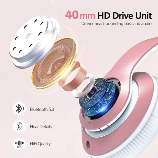 Bluetooth Headphones Over Ear, 60 Hours Playtime Foldable Headphones Wireless Bluetooth Hi-Fi Stereo Deep Bass with 6 EQ Modes, Adjustable Lightweight Headset with Microphone, FM, SD/TF for Adults - Image 4