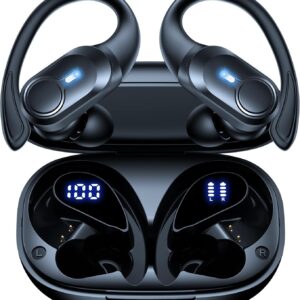 Wireless Earbuds Bluetooth Headphones Ear Buds 70H Playback Digital Display Wireless Charging Case Deep Bass Earphones Over Ear Sport Waterproof Bluetooth Headset for Workout Running Black
