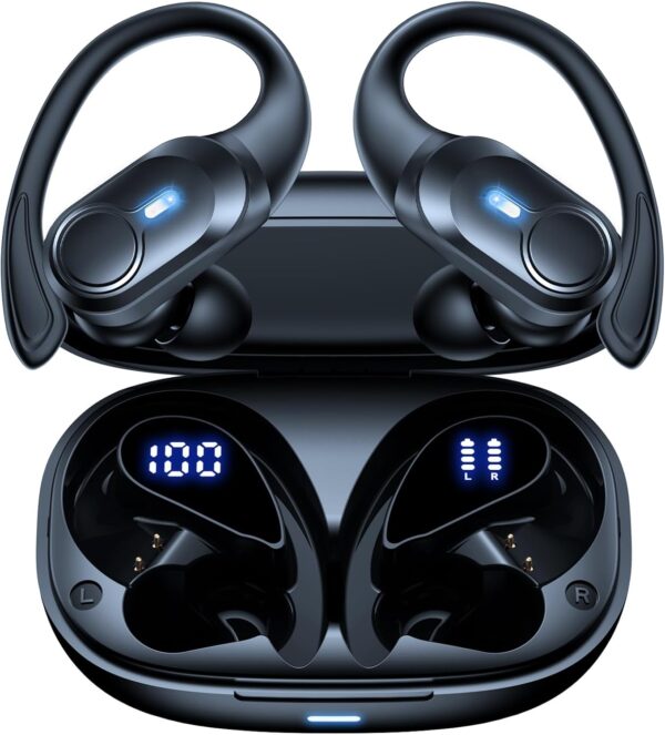 Wireless Earbuds Bluetooth Headphones Ear Buds 70H Playback Digital Display Wireless Charging Case Deep Bass Earphones Over Ear Sport Waterproof Bluetooth Headset for Workout Running Black