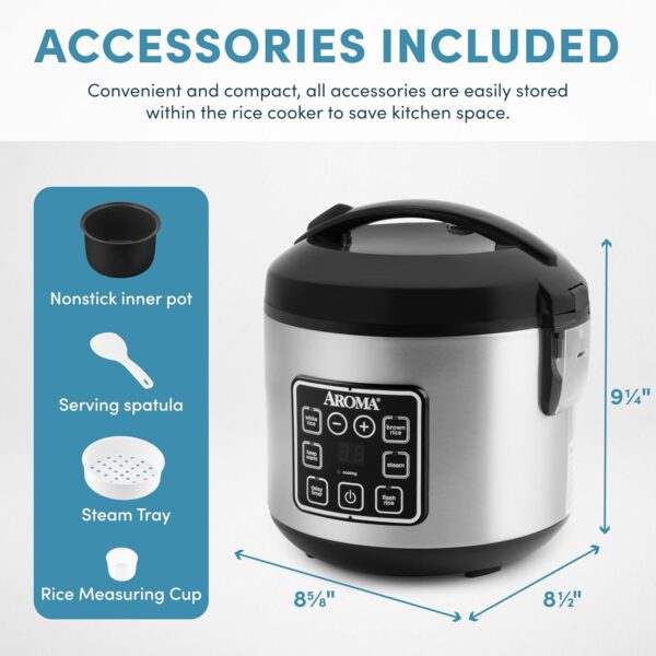 AROMA Digital Rice Cooker, 4-Cup (Uncooked) / 8-Cup (Cooked), Steamer, Grain Cooker, Multicooker, 2 Qt, Stainless Steel Exterior, ARC-914SBD - Image 2