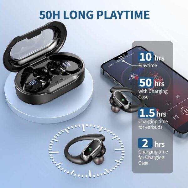 Wireless Earbuds, 2025 Bluetooth 5.4 Headphones Sport, Bluetooth Earbuds with ENC Noise Canceling Mic, 75H Stereo Wireless Headphones IP7 Waterproof with Earhooks, Dual LED Display for Workout/Running - Image 6