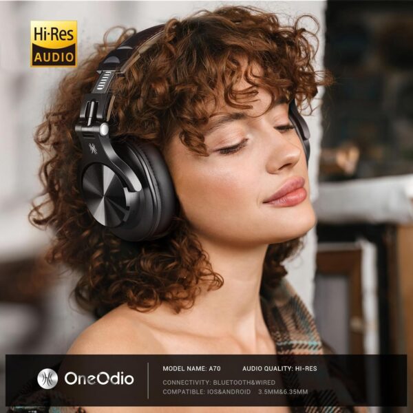 OneOdio A70 Bluetooth Over Ear Headphones, Wireless Headphones with 72H Playtime, Hi-Res, 3.5mm/6.35mm Wired Audio Jack for Studio Monitor & Mixing DJ Guitar AMP, Computer Laptop PC Tablet - Black - Image 2