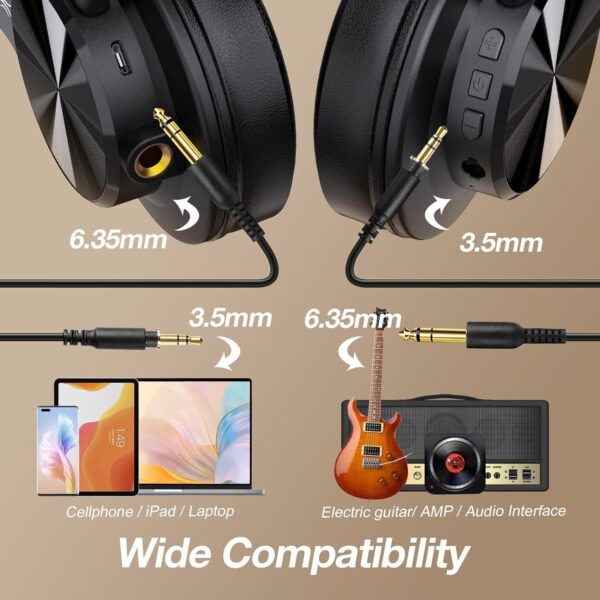 OneOdio A70 Bluetooth Over Ear Headphones, Wireless Headphones with 72H Playtime, Hi-Res, 3.5mm/6.35mm Wired Audio Jack for Studio Monitor & Mixing DJ Guitar AMP, Computer Laptop PC Tablet - Black - Image 4