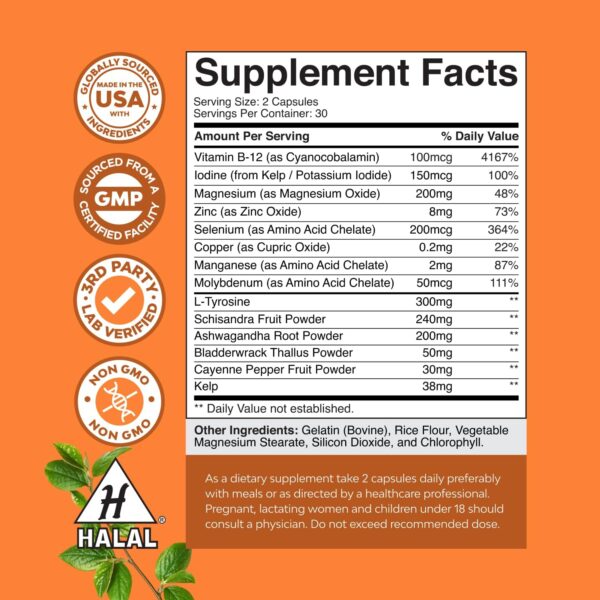Herbal Thyroid Support Complex - Potent Kelp Iodine Supplement with L Tyrosine, Bladderwrack, Selenium & Pure Ashwagandha for Hormone Balance - Mood & Energy Dietary Pills - 60 Capsules - Image 3