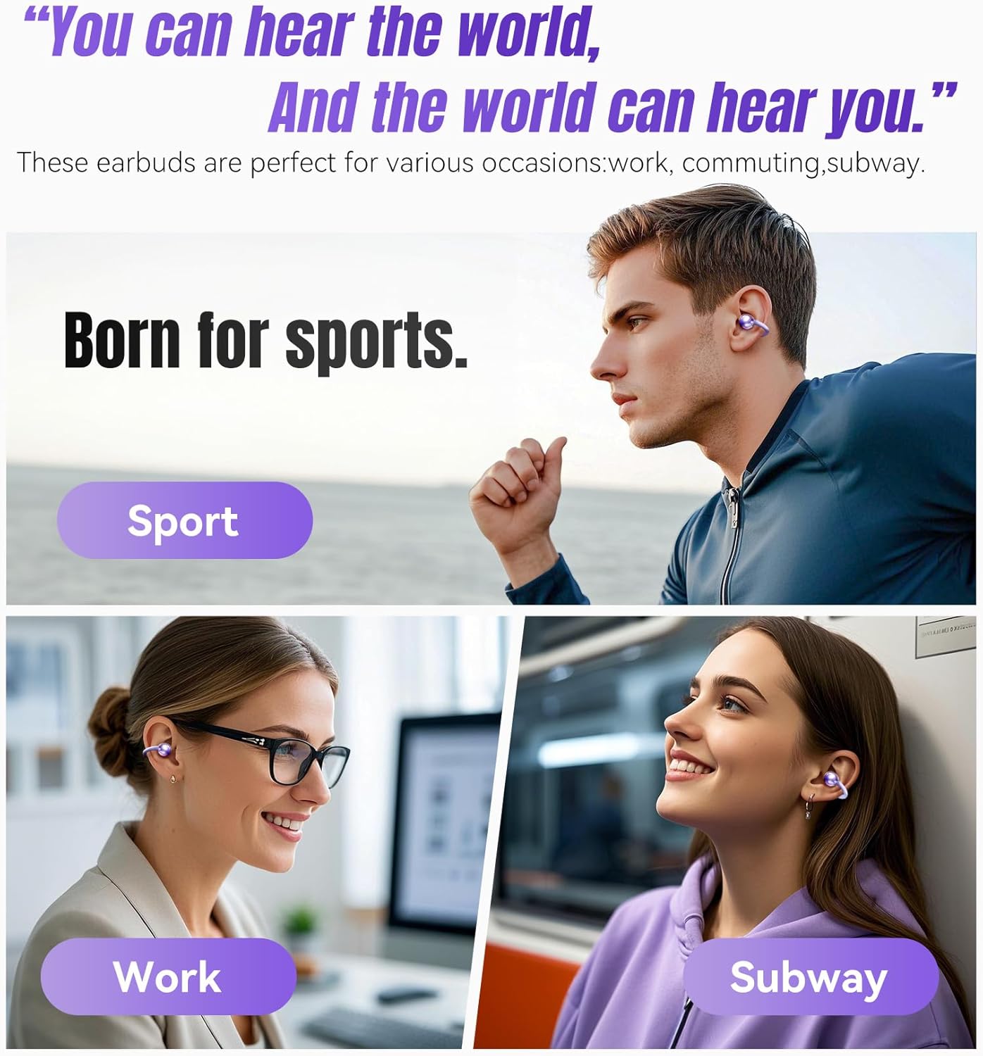 King Lucky Clip on Earbuds Open Ear Wireless Bluetooth 5.4 Headphones with Mic,50H Play,Noise Cancelling,Waterproof,Sports Ear Buds,Comfortable for Small Ears & Glasses Wearers,Workouts (Purple) - Image 5