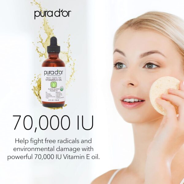 PURA D\'OR 4 Oz ORGANIC Vitamin E Oil Blend 70,000 IU - 100% Natural Hexane Free, Sweet Almond, Apricot, Jojoba, Argan, Rosehip, Sunflower & Avocado Bath Oil For Scars, Skin, Face & Full Body - Image 3