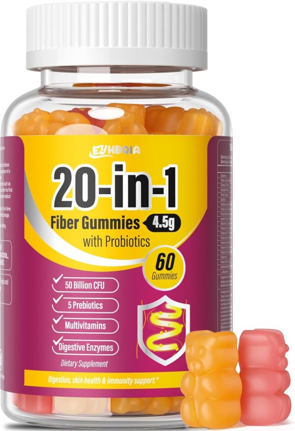 Fiber Supplement 20-in-1, Fiber Gummies for Adults, 50 Billion CFU Probiotic & Prebiotic Supplement with Inulin, Psyllium, Support for Gut & Digestive Health, 60-Count, Peach & Orange