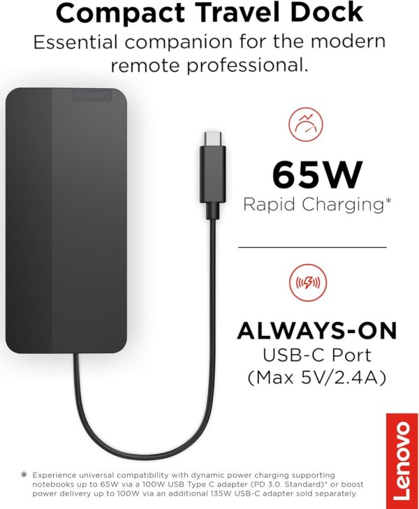 Lenovo USB-C Dual Display Travel Dock - 7 Ports, Integrated USB-C Cable, Universal Compatibility, Dual Displays at 4K - Black - Image 2