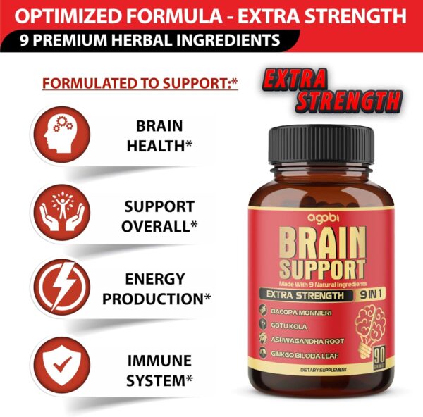 9in1 Brain Support Supplement - Concentrated Ashwagandha Root, Gotu Kola Powder, Bacopa Monnieri Powder and More - 90 Capsules - 3-Month Supply - Image 3