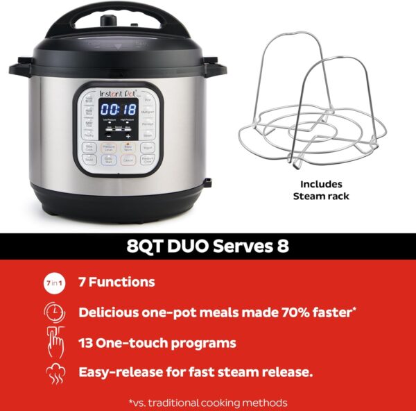 Instant Pot Duo 7-in-1 Electric Pressure Cooker, Slow Cooker, Rice Cooker, Steamer, Sauté, Yogurt Maker, Warmer & Sterilizer, Includes App With Over 800 Recipes, Stainless Steel, 8 Quart - Image 4