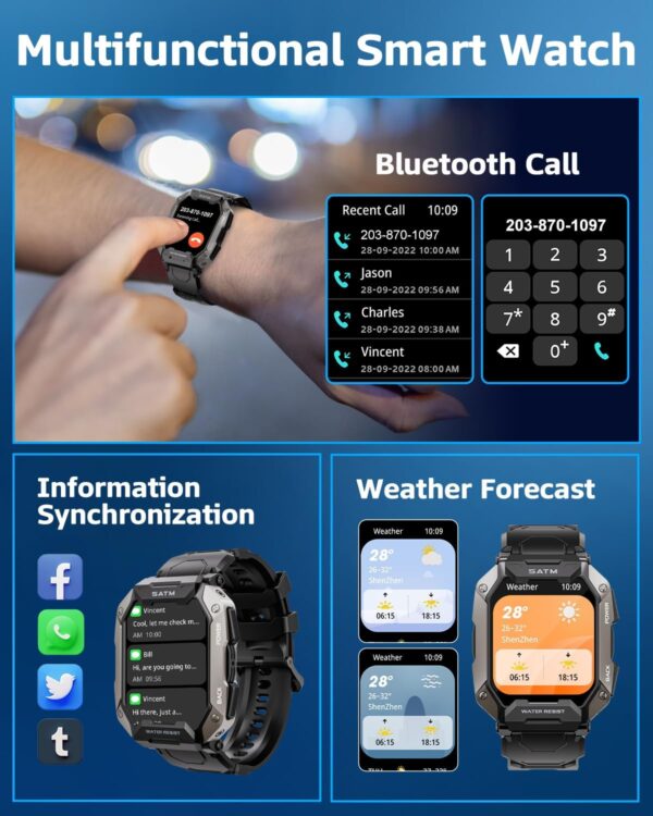 Military Smart Watches for Men, 2.01\'\' HD Display with Bluetooth Calls 100+ Sport Modes, IP68 Waterproof for Swimming Fitness Smart Watch for Android and iPhone Smartwatch, Black - Image 3