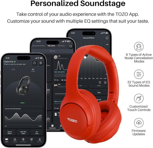 TOZO HT2 Hybrid Active Noise Cancelling Headphones, Wireless Over Ear Bluetooth Headset, 60H Playtime, Hi-Res Audio Custom EQ via App Deep Bass Comfort Fit Ear Cups, for Home Office Travel Black - Image 6