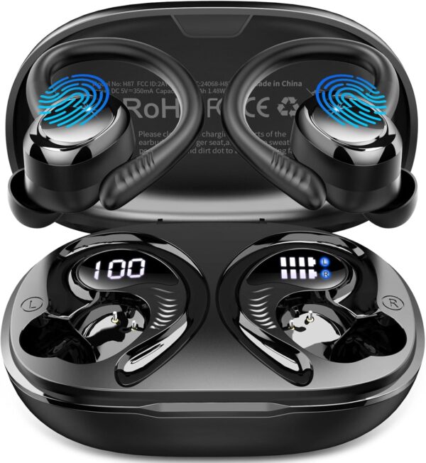 Wireless Earbuds Bluetooth 5.4 Headphones Sport, 2025 Bluetooth Earbuds with Earhooks, 50H Stereo Over Ear Buds, Earphone with 4 ENC Noise Canceling Mic, IP7 Waterproof Headset for Running/Gym/Workout