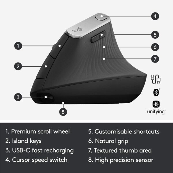Logitech MX Vertical Wireless Mouse – Ergonomic Design Reduces Muscle Strain, Move Content Between 3 Windows and Apple Computers, Rechargeable, Graphite - Image 6