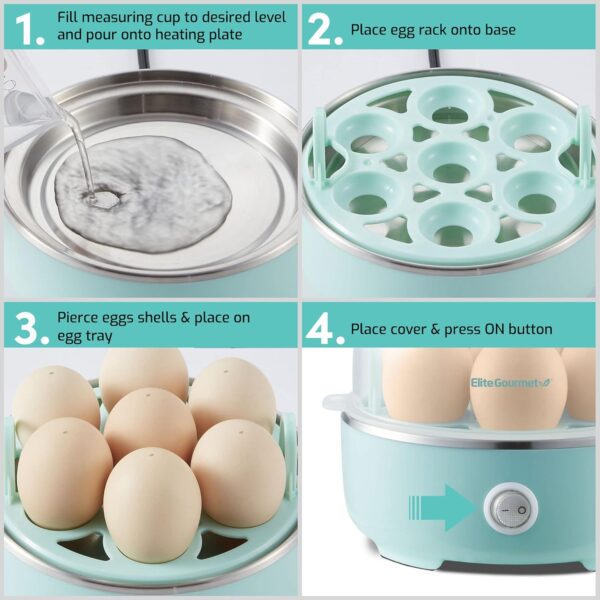 Elite Gourmet EGC115M Easy Egg Cooker Electric 7-Egg Capacity, Soft, Medium, Hard-Boiled Egg Cooker with Auto Shut-Off, Measuring Cup Included, BPA Free, Retro Mint - Image 6
