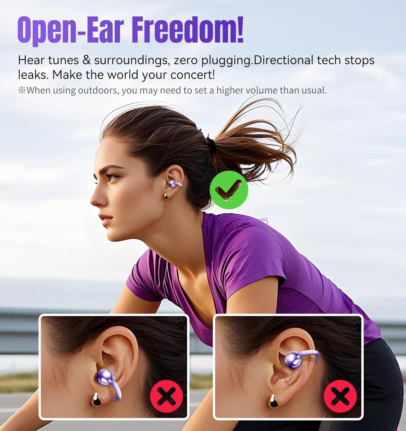 King Lucky Clip on Earbuds Open Ear Wireless Bluetooth 5.4 Headphones with Mic,50H Play,Noise Cancelling,Waterproof,Sports Ear Buds,Comfortable for Small Ears & Glasses Wearers,Workouts (Purple) - Image 6