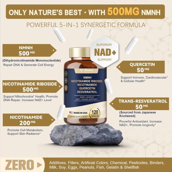 NMNH (Dihydronicotinamide Mononucleotide), NMN Alternative Supplement w/Niacinamide (Vitamin B3), Quercetin, Trans-Resveratrol, Support NAD+, Skin Cell Health*, Anti-Aging & Energy, 120 Caps - Image 3