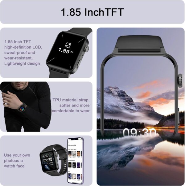 Smart Watch for Men Women - 1.85\'\'HD Screen with Make and Answer Calls, with AI Voice Assistant, SpO2/Heart Rate/Sleep Monitor, 100+ Sports Modes, Smartwatch for Android and iOS (2 Straps) - Image 2