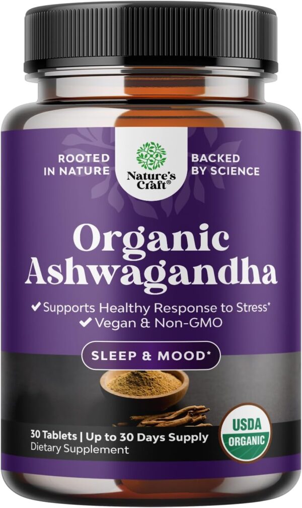 Natures Craft High Strength Organic Ashwagandha Supplements - Calm Mood Support Ashwagandha with Black Pepper for Enhanced Absorption - Vegan and Non-GMO (30 Tablets)