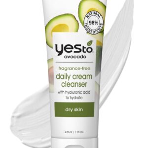 Yes To Avocado Fragrance Free Daily Cream Cleanser, Hydrating Face Wash That Removes Makeup & Impurities Leaving Skin Moisturized With Hyaluronic Acid & Glycerin, Natural Vegan & Cruelty Free, 4 Fl Oz