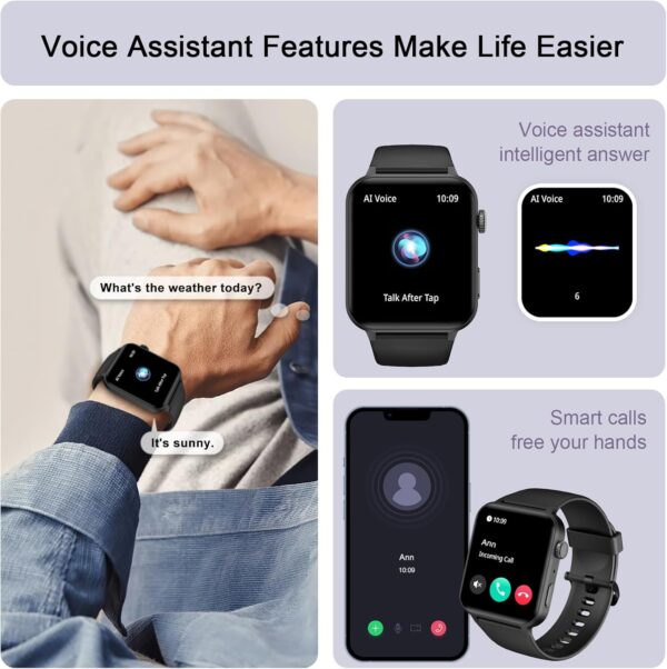 Smart Watch for Men Women - 1.85\'\'HD Screen with Make and Answer Calls, with AI Voice Assistant, SpO2/Heart Rate/Sleep Monitor, 100+ Sports Modes, Smartwatch for Android and iOS (2 Straps) - Image 4