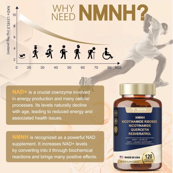 NMNH (Dihydronicotinamide Mononucleotide), NMN Alternative Supplement w/Niacinamide (Vitamin B3), Quercetin, Trans-Resveratrol, Support NAD+, Skin Cell Health*, Anti-Aging & Energy, 120 Caps - Image 4